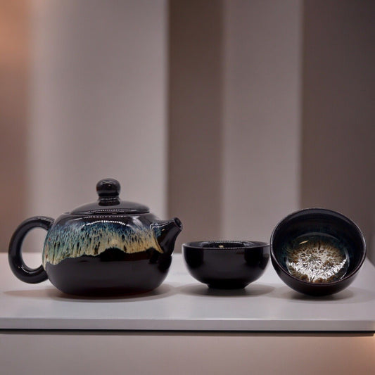Beautiful Herbal Black Glaze Teapot Set - Pot & Two Cups