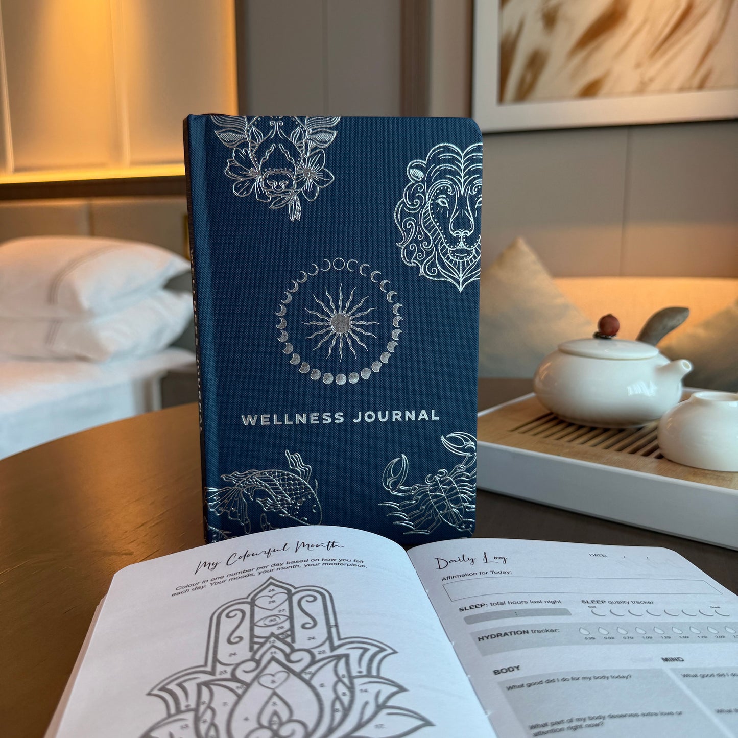 Beautiful Midnight Blue Wellness Journal - filled with reflection prompts, affirmations and much much more