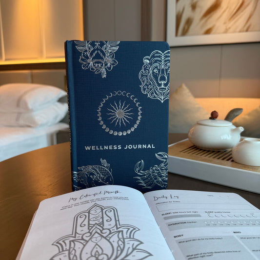 Beautiful Midnight Blue Wellness Journal - filled with reflection prompts, affirmations and much much more
